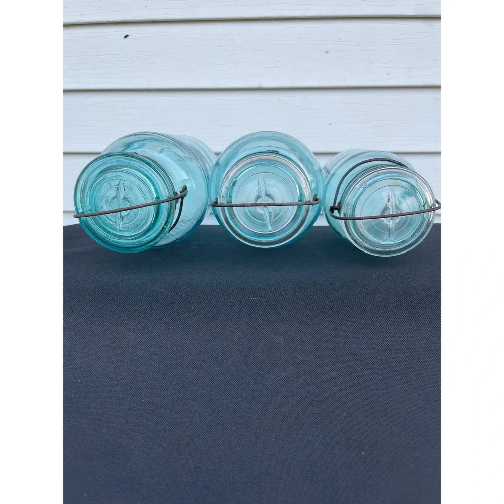 Atlas E-Z Seal Vintage Aqua Blue Glass Mason Jars Wire Bail Set of 3